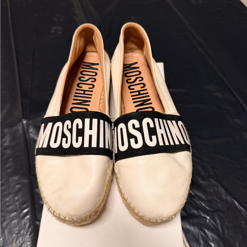Moschino Cream Espadrille Flats with Black Logo
